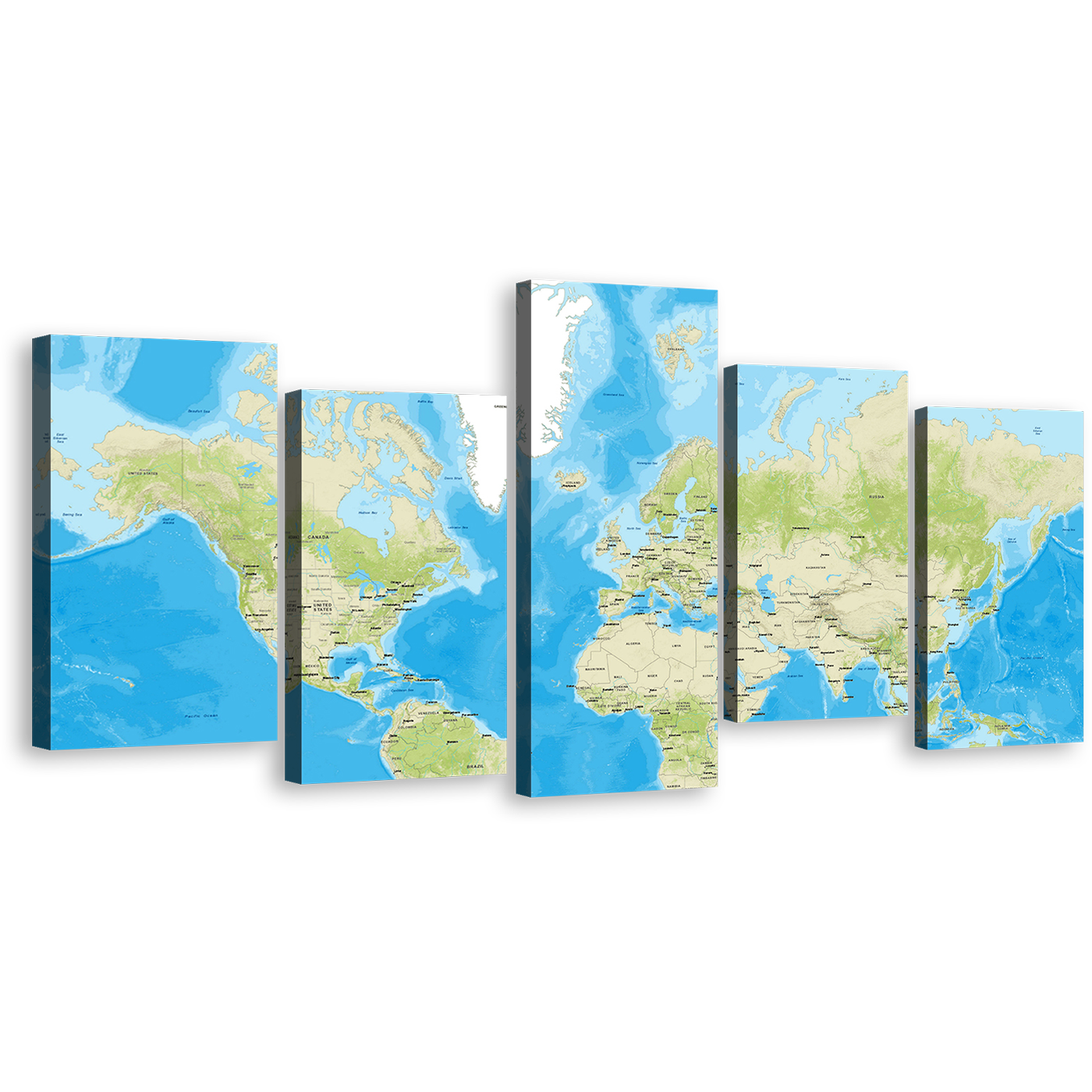 Flat World Canvas Wall Art, Blue Flat Earth 5 Piece Canvas Set, Detailed Green Earth Map Canvas Print