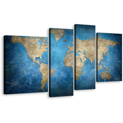 Flat World Canvas Wall Art, Brown World Map 4 Piece Canvas Print, Blue Flat Earth Multi Canvas