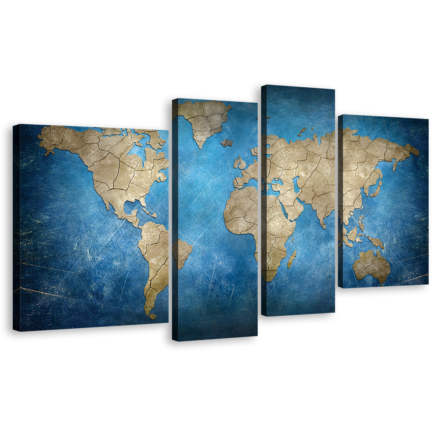 Flat World Canvas Wall Art, Brown World Map 4 Piece Canvas Print, Blue Flat Earth Multi Canvas