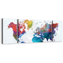 Load image into Gallery viewer, Flat World Canvas Wall Art, Colorful World Map Digital Watercolor 3 Piece Canvas Set, White Flat Earth Canvas Print
