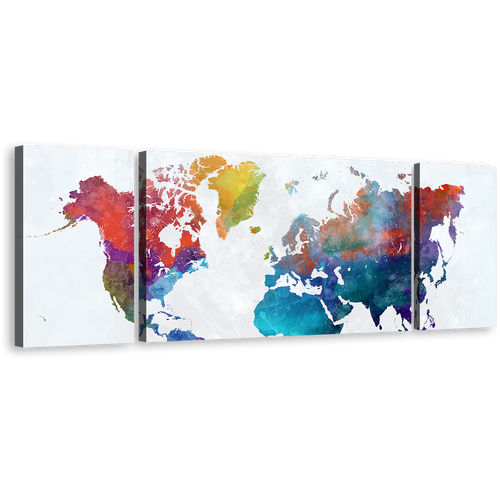 Flat World Canvas Wall Art, Colorful World Map Digital Watercolor 3 Piece Canvas Set, White Flat Earth Canvas Print