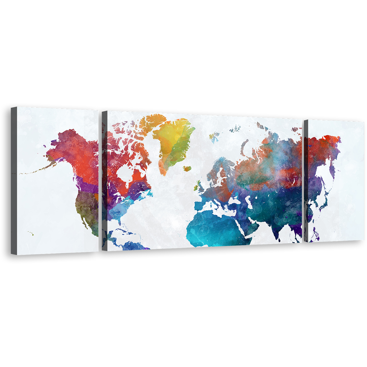 Flat World Canvas Wall Art, Colorful World Map Digital Watercolor 3 Piece Canvas Set, White Flat Earth Canvas Print