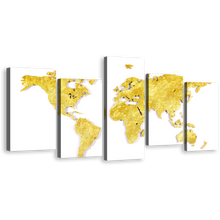 Load image into Gallery viewer, Flat World Canvas Wall Art, Gold Map of Continents 5 Piece Canvas Print, Yellow World Map Digital Painting Canvas Set
