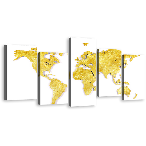 Flat World Canvas Wall Art, Gold Map of Continents 5 Piece Canvas Print, Yellow World Map Digital Painting Canvas Set