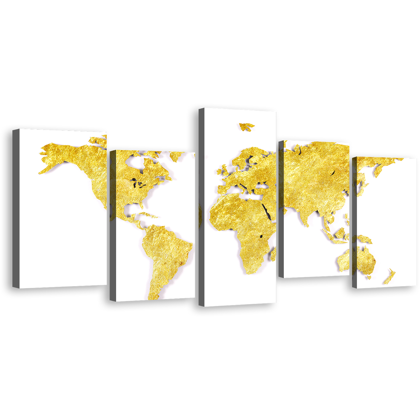 Flat World Canvas Wall Art, Gold Map of Continents 5 Piece Canvas Print, Yellow World Map Digital Painting Canvas Set