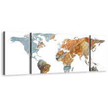 Load image into Gallery viewer, Flat World Canvas Wall Art, Orange Grey Abstract World Map 3 Piece Canvas Print, Flat Earth Multiple Canvas
