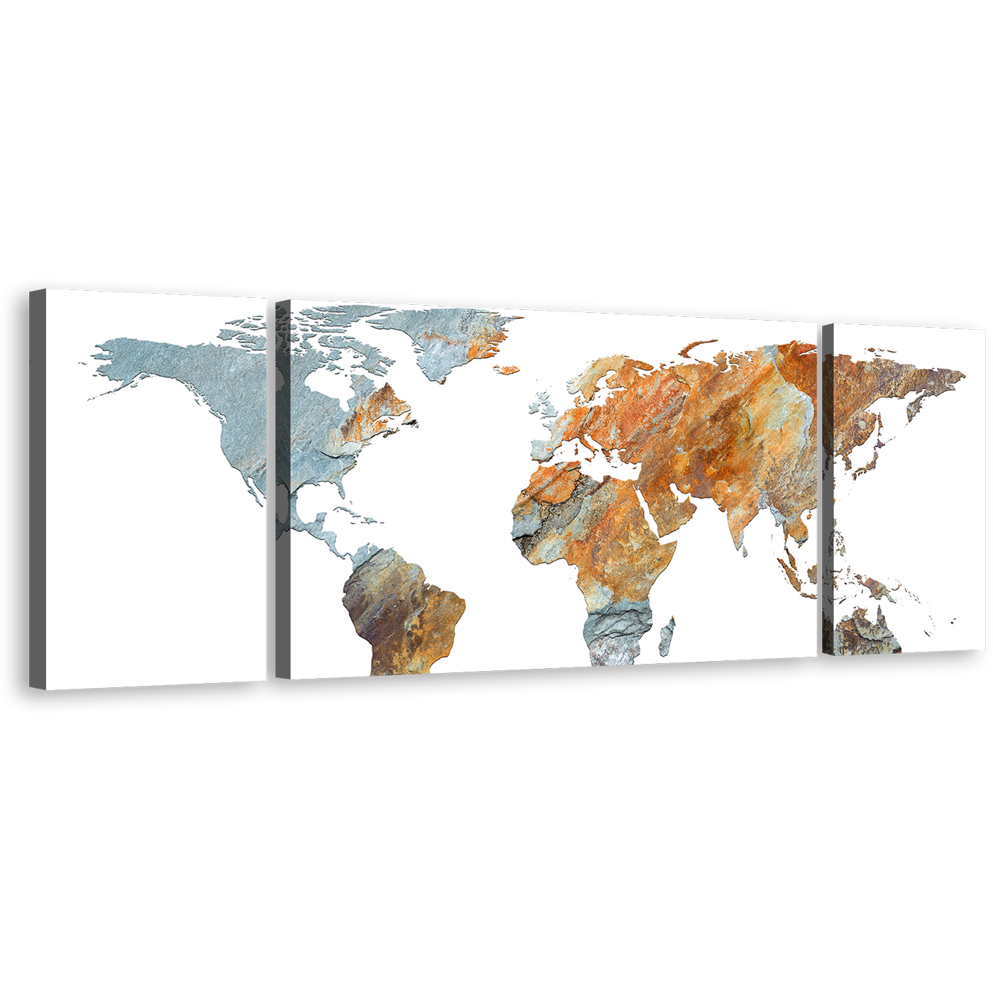 Flat World Canvas Wall Art, Orange Grey Abstract World Map 3 Piece Canvas Print, Flat Earth Multiple Canvas