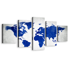 Load image into Gallery viewer, Flat World Canvas Wall Art, White Flat Earth 5 Piece Multiple Canvas, Blue Abstract World Map Canvas Print
