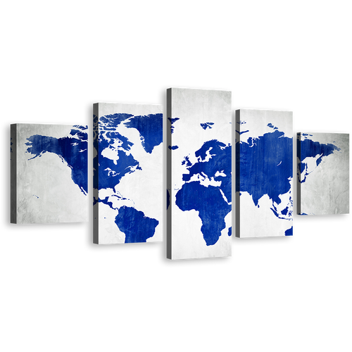 Flat World Canvas Wall Art, White Flat Earth 5 Piece Multiple Canvas, Blue Abstract World Map Canvas Print