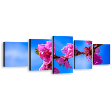 Load image into Gallery viewer, Floral Branch Canvas Print, Pink Flowers Blossom Digital Painting 5 Piece Canvas, Blue Sky Blossoming Branch Multi Canvas
