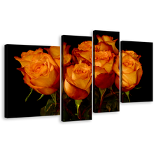 Load image into Gallery viewer, Floral Bunch Canvas Print, Black Background with Flowers Close Up 4 Piece Wall Art, Beautiful Orange Rose Canvas Set
