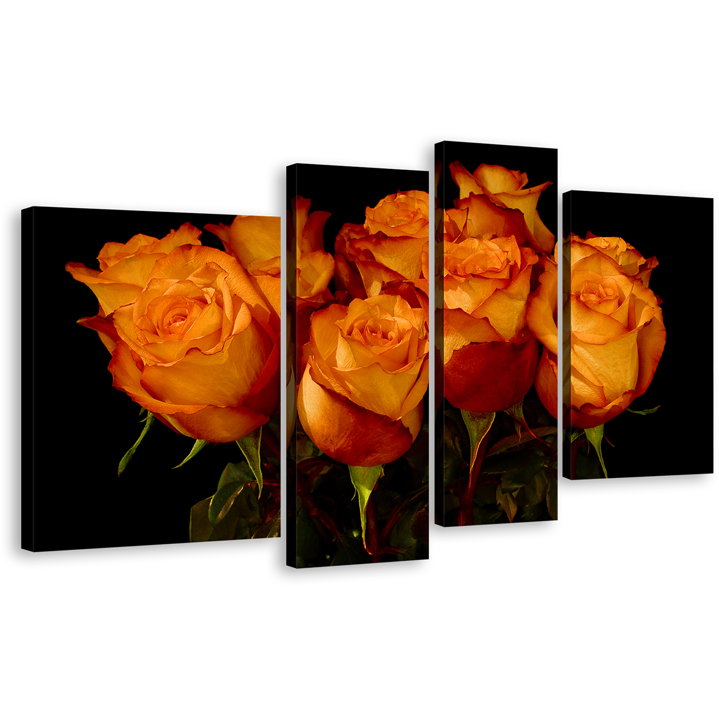 Floral Bunch Canvas Print, Black Background with Flowers Close Up 4 Piece Wall Art, Beautiful Orange Rose Canvas Set