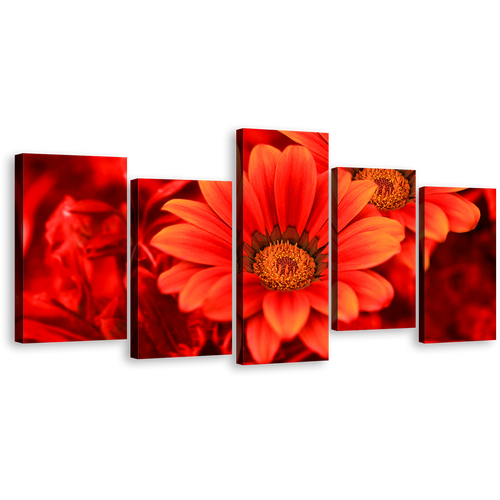 Floral Closeup Canvas Wall Art, Beautiful Red Flowers Canvas Print, Abstract Flowers 5 Piece Canvas