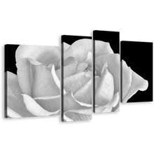 Load image into Gallery viewer, Flowering Blooming Canvas Wall Art, White Rose Digital Painting 4 Piece Canvas, Black Background Close Up Flower Canvas Print
