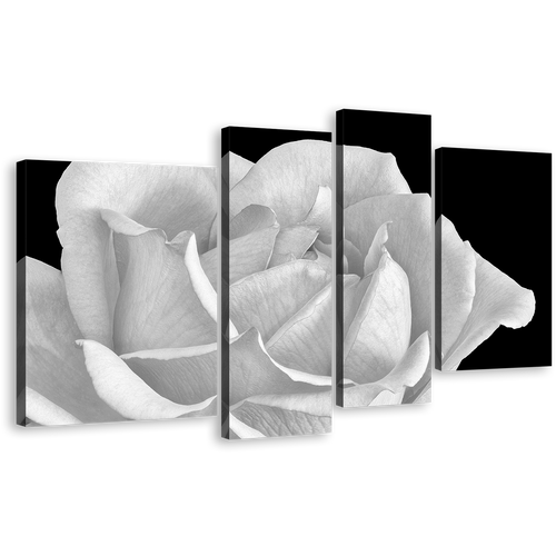 Flowering Blooming Canvas Wall Art, White Rose Digital Painting 4 Piece Canvas, Black Background Close Up Flower Canvas Print