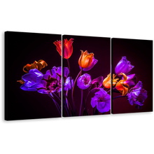 Load image into Gallery viewer, Flowers Background Canvas Print, Orange Tulip Floral Triptych Multiple Canvas, Blue Purple Tulips Flowers 3 Piece Canvas Wall Art
