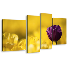 Load image into Gallery viewer, Flowers Fields Canvas Wall Art, Yellow Fields Background Canvas Print, Purple Tulip Flower Close Up 4 Piece Canvas
