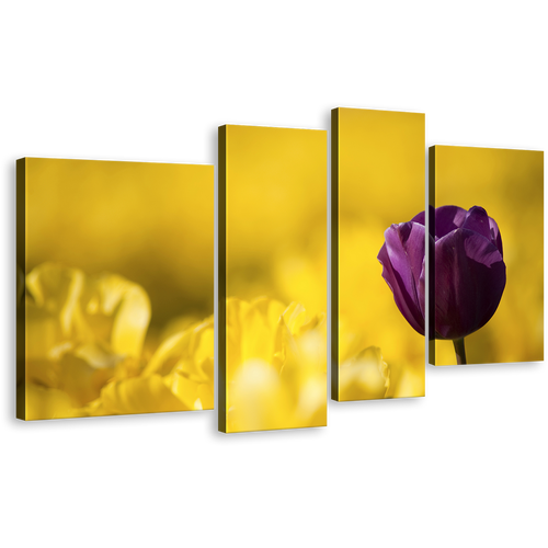 Flowers Fields Canvas Wall Art, Yellow Fields Background Canvas Print, Purple Tulip Flower Close Up 4 Piece Canvas