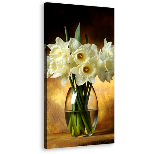 Flowers Vase Canvas Print, Brown Background Glass Vase Canvas Art, White Tall Bouquet Vertical 1 Piece Wall Art