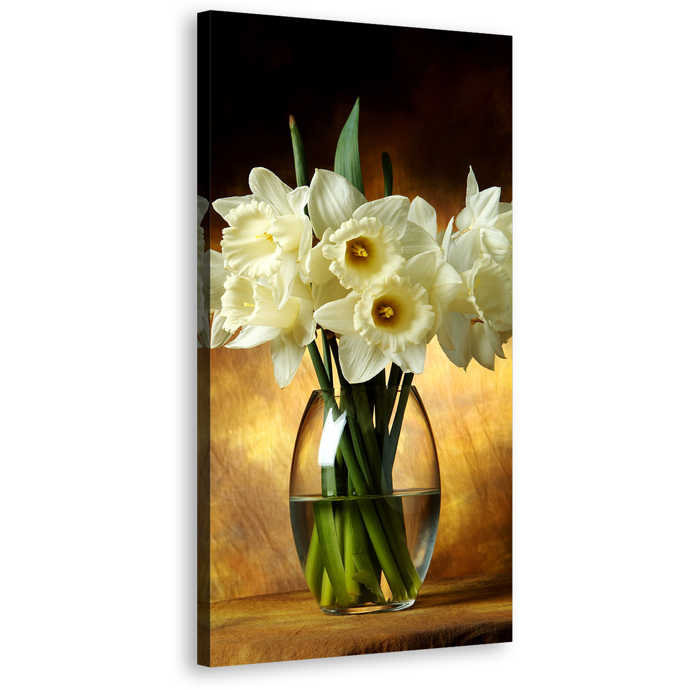 Flowers Vase Canvas Print, Brown Background Glass Vase Canvas Art, White Tall Bouquet Vertical 1 Piece Wall Art