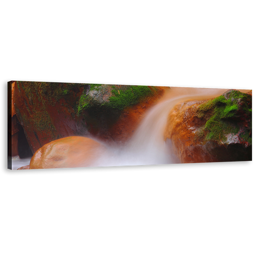 Flowing Waterfall Canvas Print, Flowing Water In The River Canvas Art, Orange Green Mossy Rock 1 Piece Wall Art