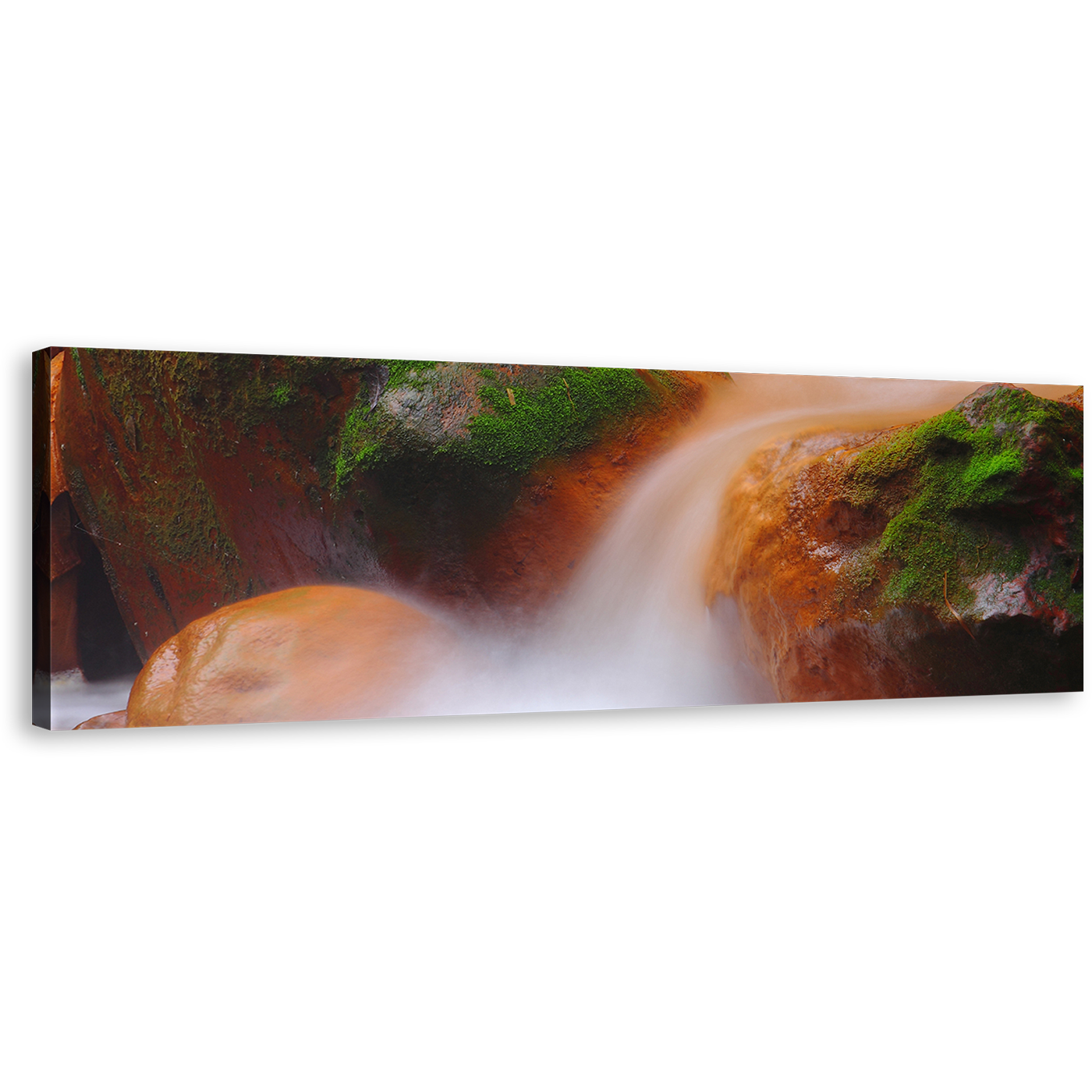 Flowing Waterfall Canvas Print, Flowing Water In The River Canvas Art, Orange Green Mossy Rock 1 Piece Wall Art