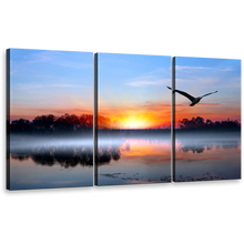 Load image into Gallery viewer, Flying Bird Canvas Print, Blue Sky Lake Trees Reflection Canvas Set, Birds Silhouettes Orange Sunset 3 Piece Canvas Wall Art
