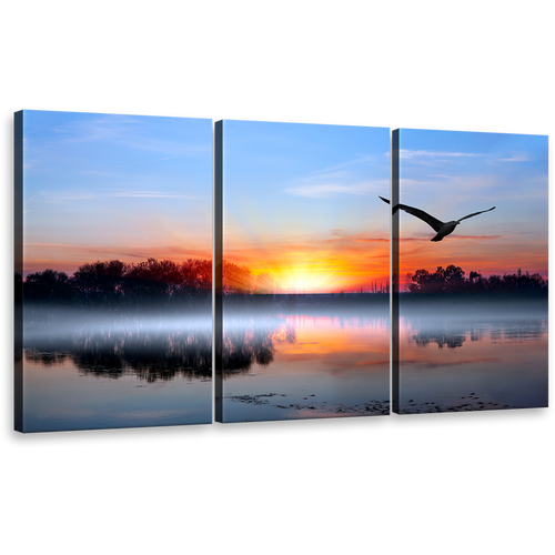 Flying Bird Canvas Print, Blue Sky Lake Trees Reflection Canvas Set, Birds Silhouettes Orange Sunset 3 Piece Canvas Wall Art