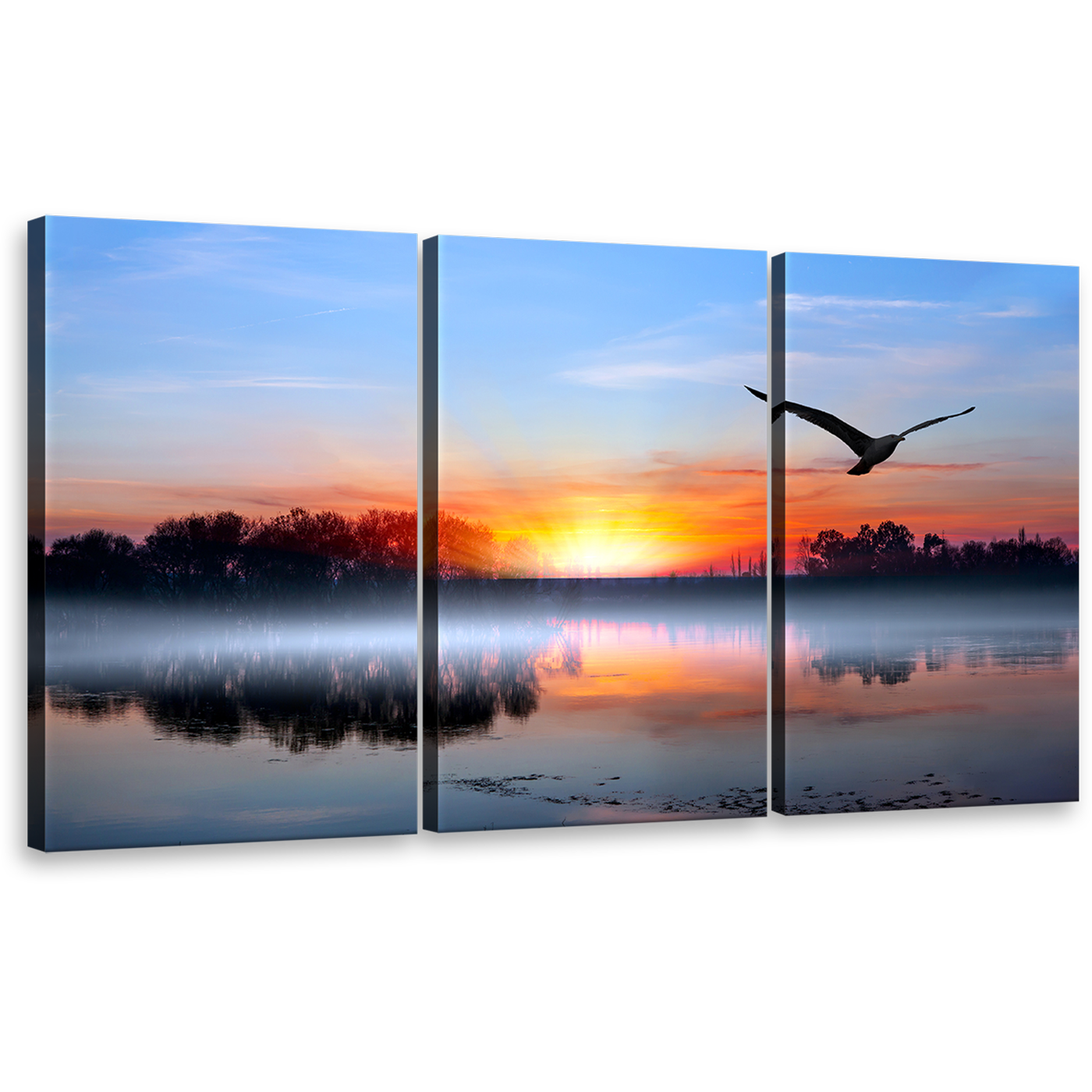 Flying Bird Canvas Print, Blue Sky Lake Trees Reflection Canvas Set, Birds Silhouettes Orange Sunset 3 Piece Canvas Wall Art