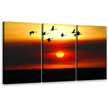 Load image into Gallery viewer, Flying Birds Canvas Print, Yellow Sky Birds Flock 3 Piece Canvas Wall Art, Beautiful Orange Sunset Triptych Multi Canvas
