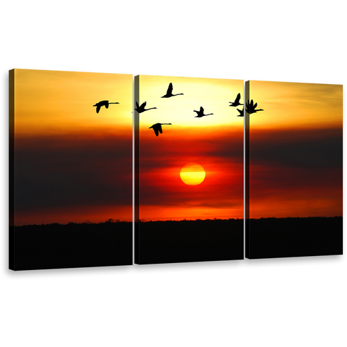 Flying Birds Canvas Print, Yellow Sky Birds Flock 3 Piece Canvas Wall Art, Beautiful Orange Sunset Triptych Multi Canvas