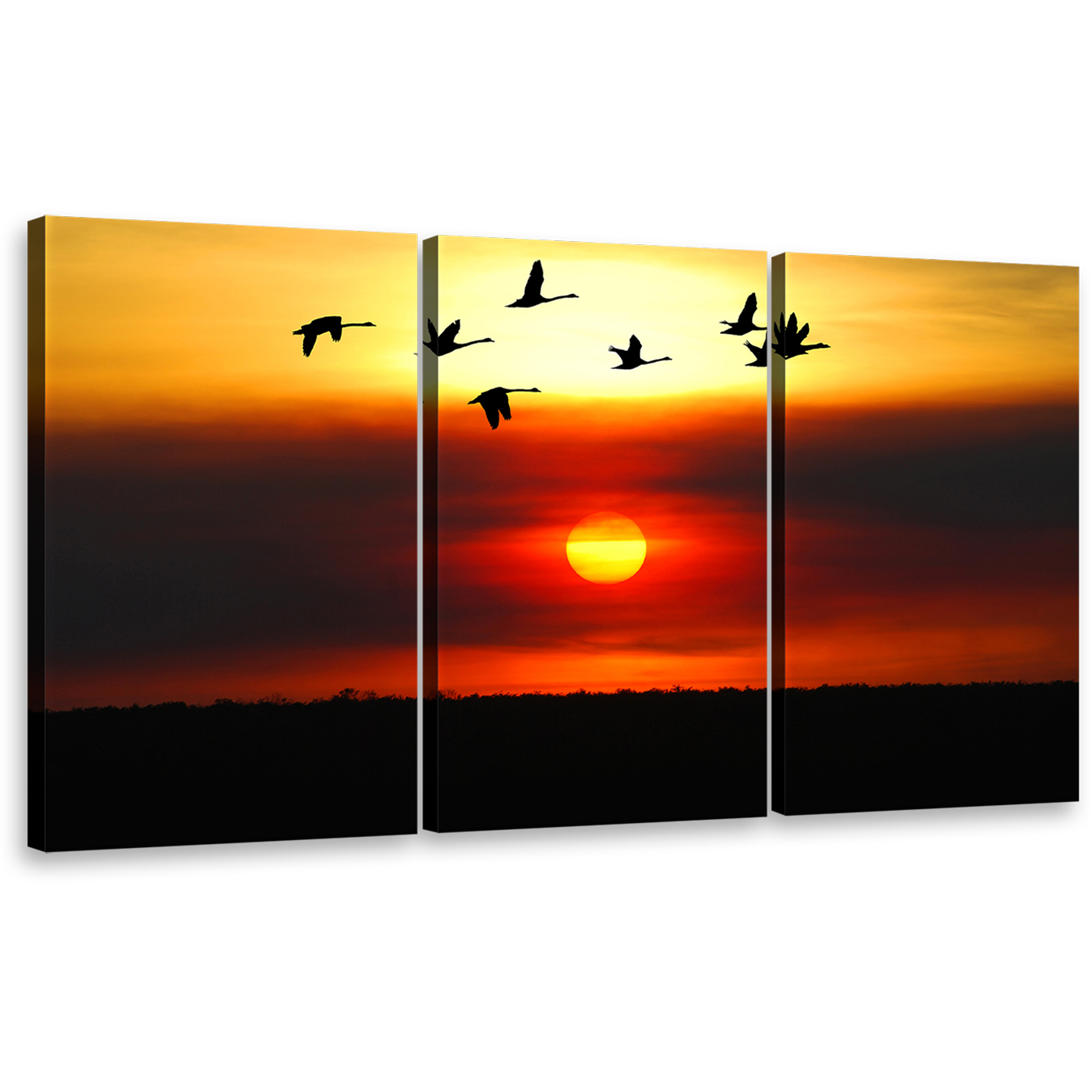 Flying Birds Canvas Print, Yellow Sky Birds Flock 3 Piece Canvas Wall Art, Beautiful Orange Sunset Triptych Multi Canvas