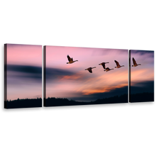 Load image into Gallery viewer, Flying Birds Canvas Wall Art, Beautiful Blue Evening Mountain 3 Piece Canvas, Pink Sunset Sky Triptych Canvas Print
