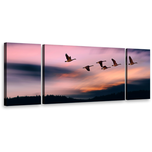 Flying Birds Canvas Wall Art, Beautiful Blue Evening Mountain 3 Piece Canvas, Pink Sunset Sky Triptych Canvas Print