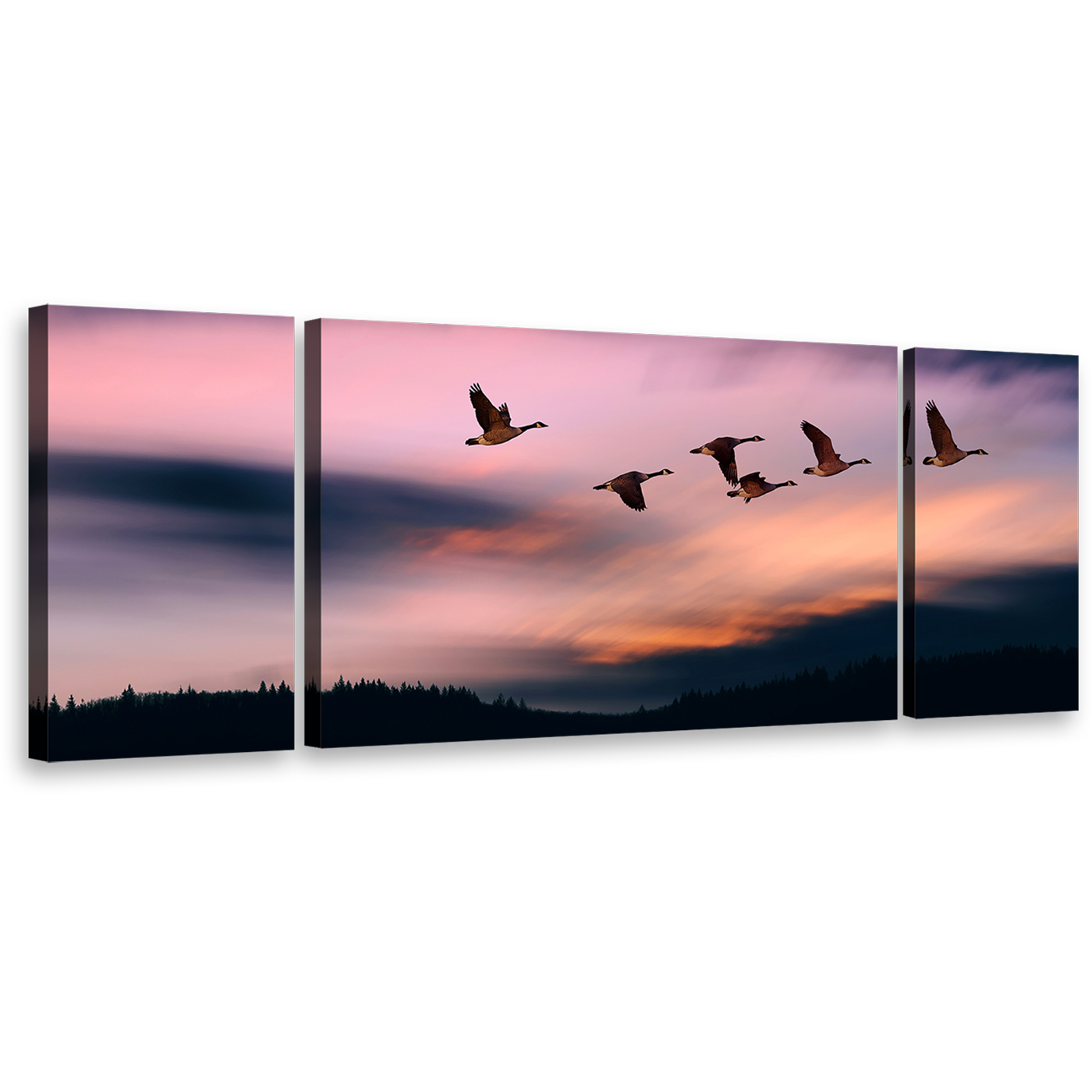 Flying Birds Canvas Wall Art, Beautiful Blue Evening Mountain 3 Piece Canvas, Pink Sunset Sky Triptych Canvas Print