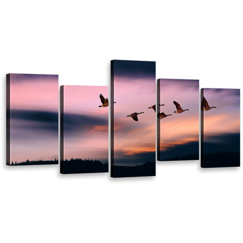 Flying Birds Canvas Wall Art, Beautiful Blue Evening Mountain 5 Piece Multi Canvas Artwork, Pink Sunset Sky Canvas Print