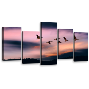 Flying Birds Canvas Wall Art, Beautiful Blue Evening Mountain 5 Piece Multi Canvas Artwork, Pink Sunset Sky Canvas Print