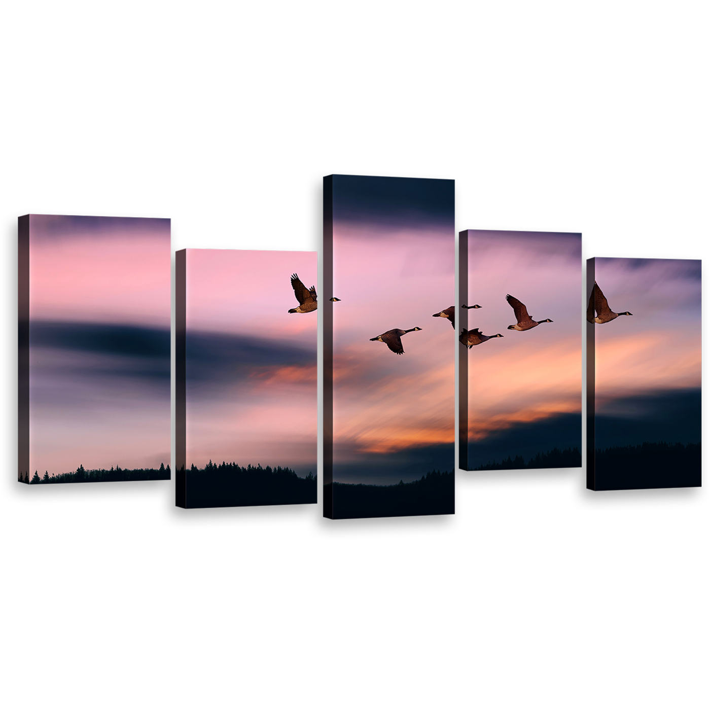 Flying Birds Canvas Wall Art, Beautiful Blue Evening Mountain 5 Piece Multi Canvas Artwork, Pink Sunset Sky Canvas Print