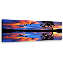 Load image into Gallery viewer, Flying Birds Canvas Wall Art, Bright Orange Sky Blue Lake Panoramic Canvas Art, Stunning Sunset Lake Reflection Canvas Print
