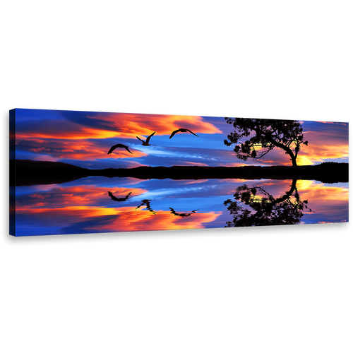 Flying Birds Canvas Wall Art, Bright Orange Sky Blue Lake Panoramic Canvas Art, Stunning Sunset Lake Reflection Canvas Print