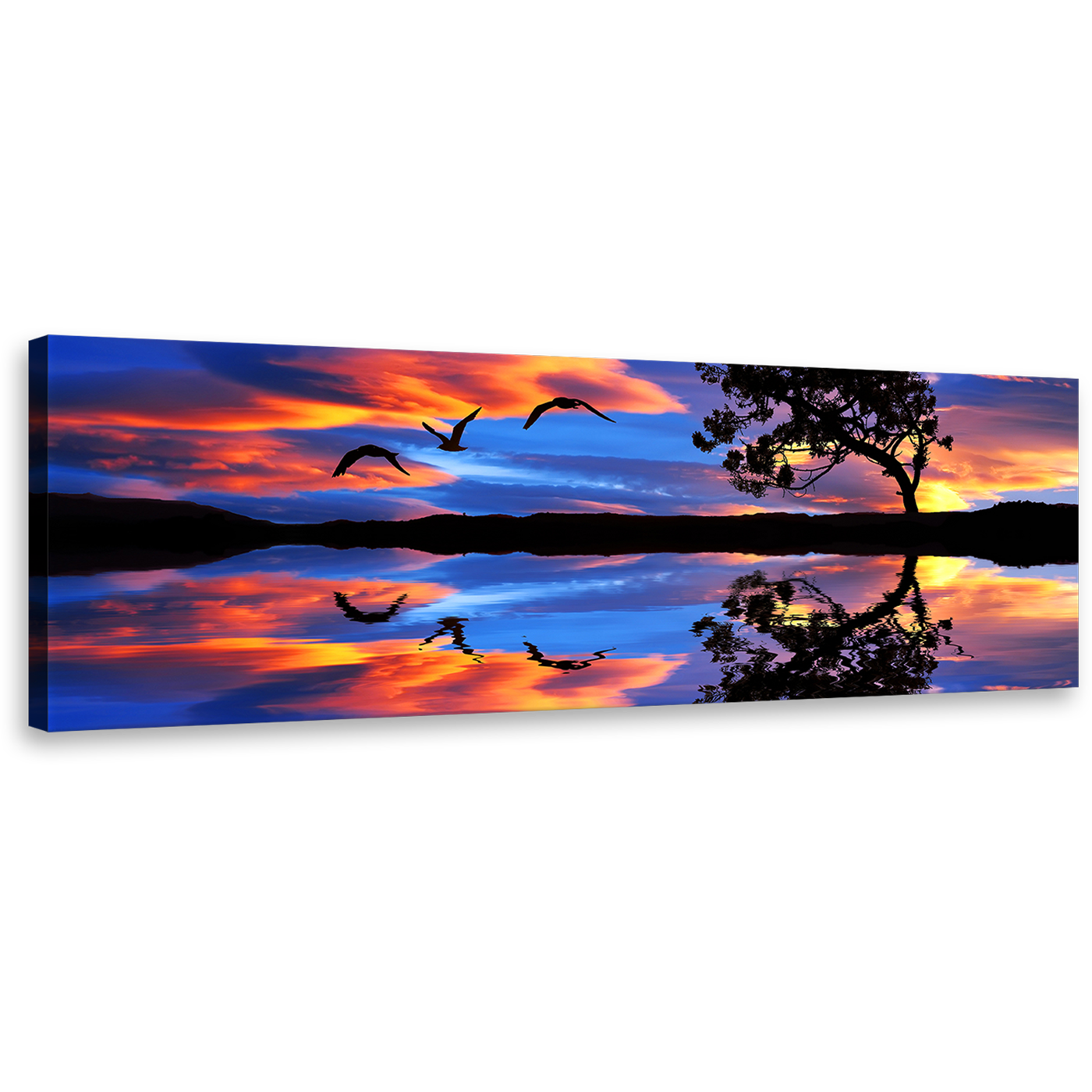 Flying Birds Canvas Wall Art, Bright Orange Sky Blue Lake Panoramic Canvas Art, Stunning Sunset Lake Reflection Canvas Print