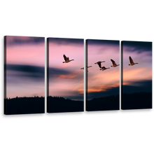 Load image into Gallery viewer, Flying Birds Canvas Wall Art, Pink Sunset Sky 4 Piece Canvas Print, Beautiful Blue Evening Mountain Canvas Set
