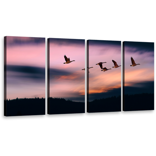 Flying Birds Canvas Wall Art, Pink Sunset Sky 4 Piece Canvas Print, Beautiful Blue Evening Mountain Canvas Set