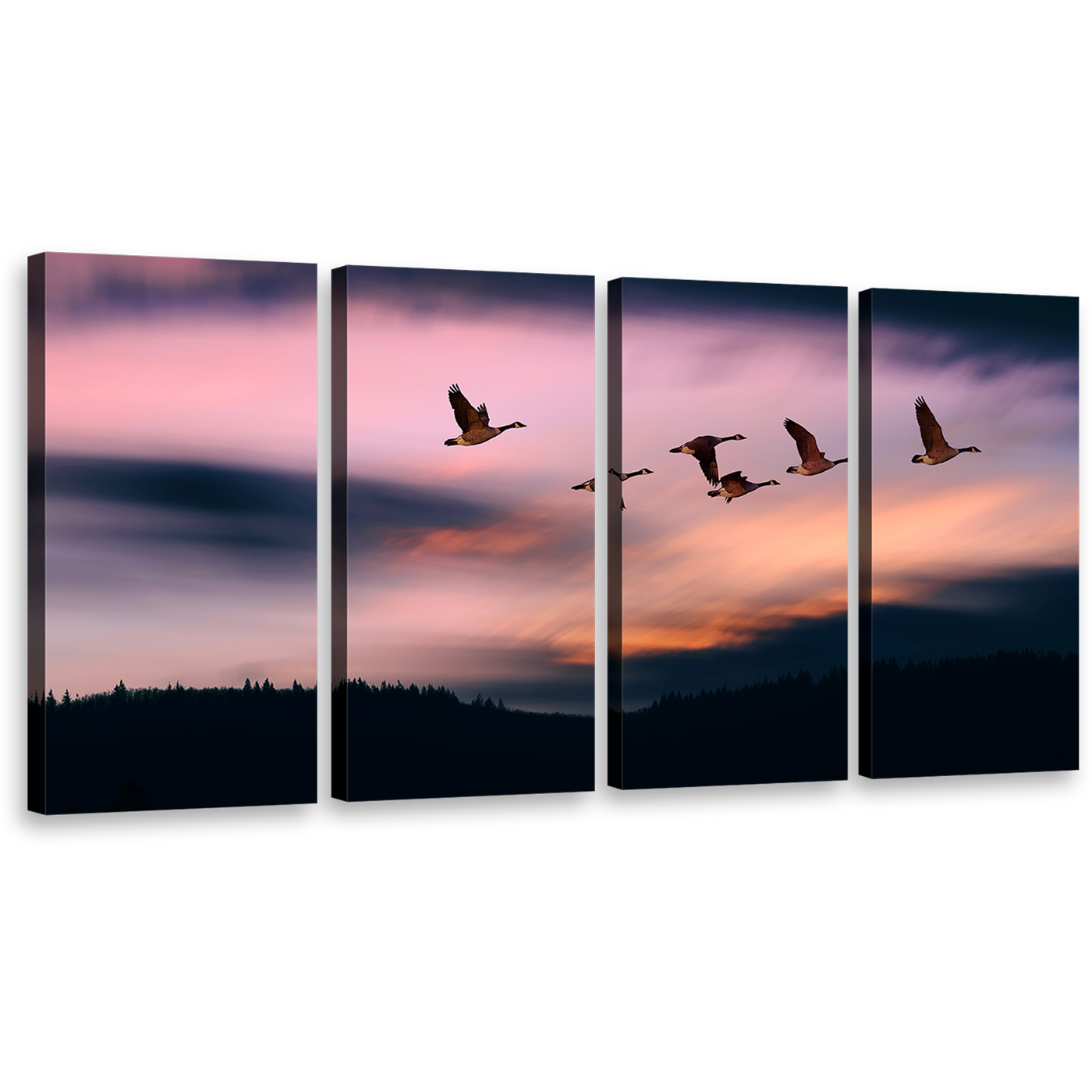 Flying Birds Canvas Wall Art, Pink Sunset Sky 4 Piece Canvas Print, Beautiful Blue Evening Mountain Canvas Set