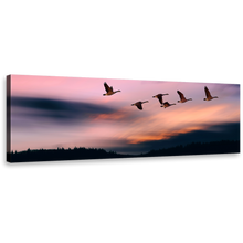 Load image into Gallery viewer, Flying Birds Canvas Wall Art, Pink Sunset Sky Panoramic Canvas Print, Beautiful Blue Evening Mountain 1 Piece Canvas
