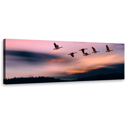 Flying Birds Canvas Wall Art, Pink Sunset Sky Panoramic Canvas Print, Beautiful Blue Evening Mountain 1 Piece Canvas