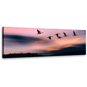Flying Birds Canvas Wall Art, Pink Sunset Sky Panoramic Canvas Print, Beautiful Blue Evening Mountain 1 Piece Canvas