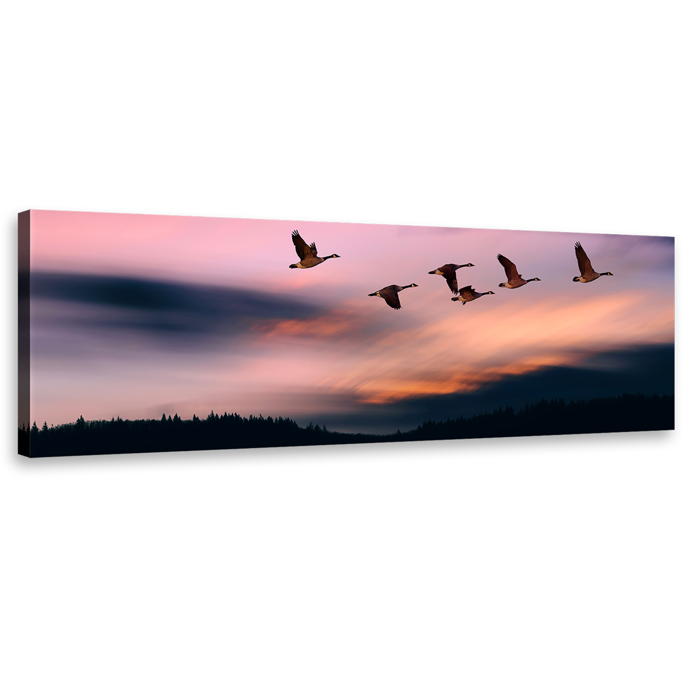 Flying Birds Canvas Wall Art, Pink Sunset Sky Panoramic Canvas Print, Beautiful Blue Evening Mountain 1 Piece Canvas