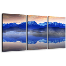 Load image into Gallery viewer, Foggy Mountain Wall Art, Blue Ocean Mountain Reflection 3 Piece Multi Canvas, White Norwegian Ocean Sunrise Canvas Print
