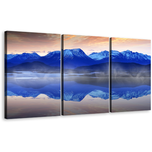 Foggy Mountain Wall Art, Blue Ocean Mountain Reflection 3 Piece Multi Canvas, White Norwegian Ocean Sunrise Canvas Print